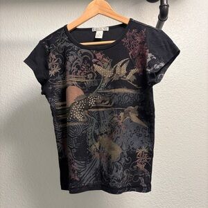 Vintage Susan Lawrence Retro studded Top Womens Size Medium Black printed cotton